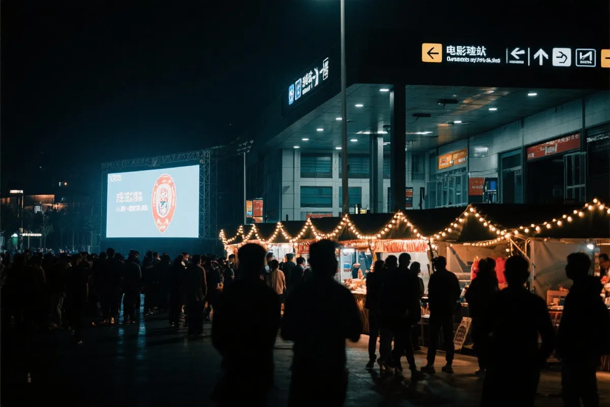 费城球迷广场夜景：大屏观赛人群、步行指示牌与公共交通入口
